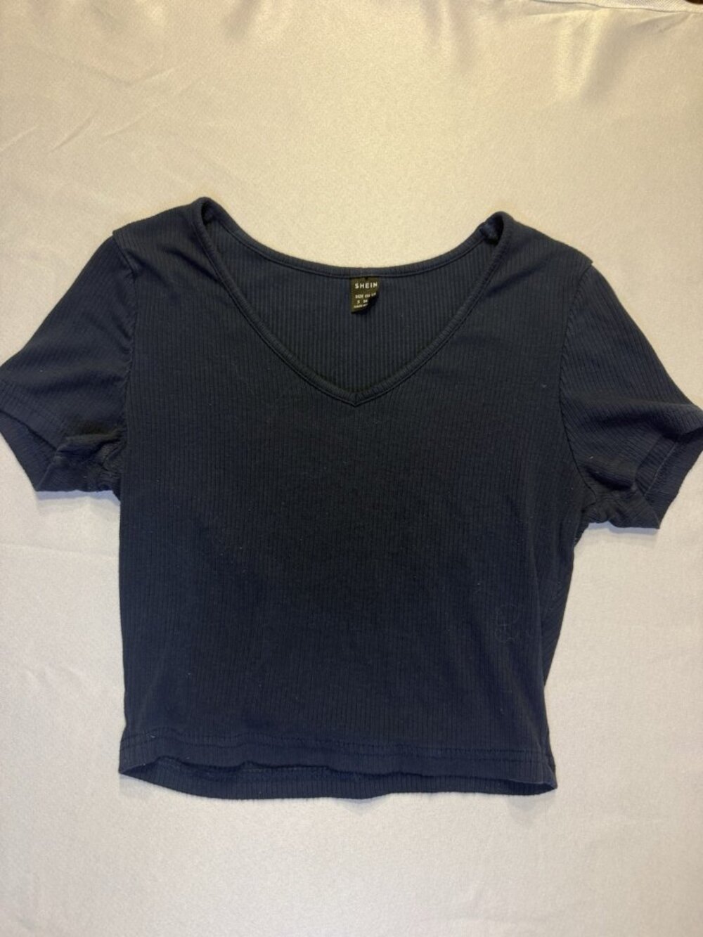 Shein Women's Short Sleeve V Neck Ribbed Cropped Tee Shirt Size S Navy Blue
